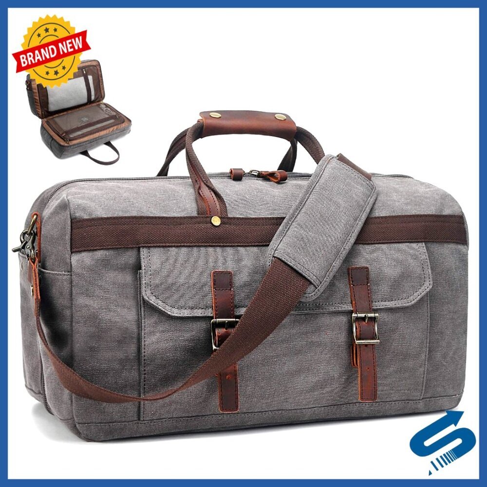 Genuine Leather Canvas Duffle Bag Waterproof Travel Weekender Carry On